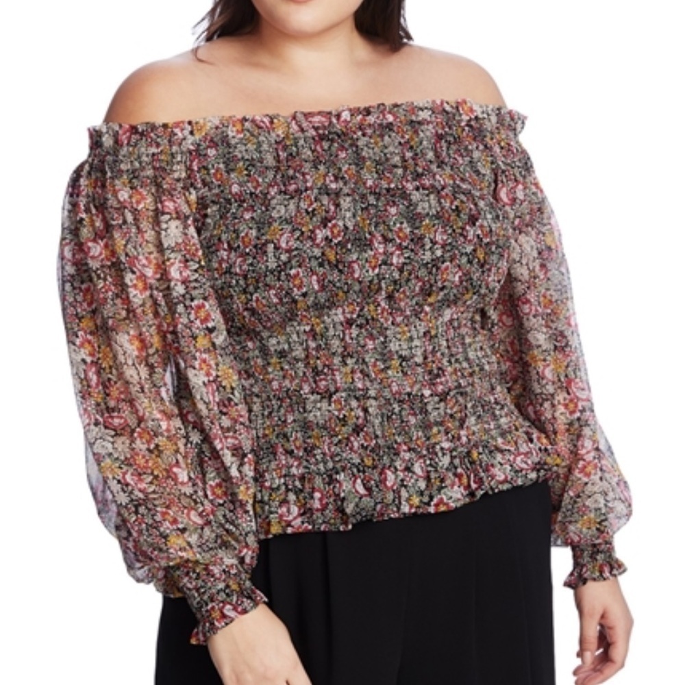 1.STATE Womens Floral Off the Shoulder Blouse, Black size large